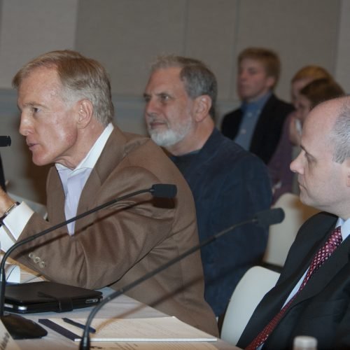 Bill Brewer judgBill judging the 2011 IPPF Finals with Howard Wolfson, former New York City deputy mayor for government affairs, and Dr. John Sexton.es an International Public Policy Forum final debate.